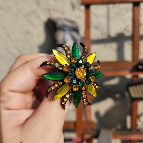 Vtg Selro Selini Brooch Japanned Amber Green Yellow Glass Marquise Rhinestones - Picture 3 of 10